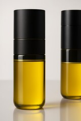 Elegant black-capped cosmetic bottles containing golden yellow serum in sophisticated minimalist composition with reflections