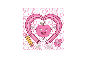  Cute Cartoon Apple Teacher Valentine Mascot with Heart Sublimation Design