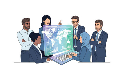 Global collaboration is visualized as diverse business professional gathers around a digital display, representing interconnectedness, cooperation, and the sharing of innovative data analysis.
