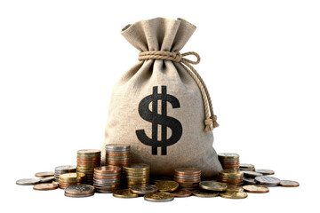 A bag of money with coins representing financial savings and investment