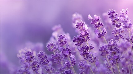 Vibrant close up of purple lavender flowers blooming in a soft focus field with copy space