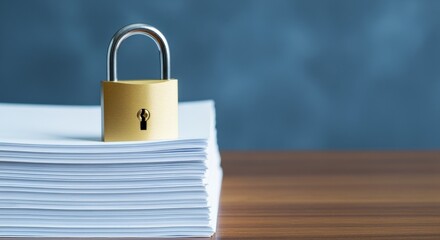 Fototapeta premium Padlock Securing Stack of Documents Protecting Sensitive Information on Wooden Surface in Office Setting