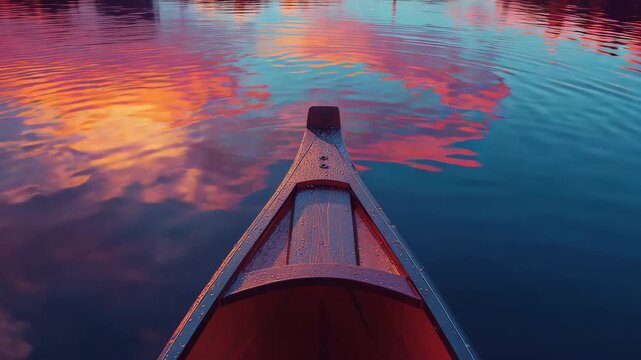 Gliding wooden canoe bow across calm lake at dusk, creating ripples and shifting sky reflections