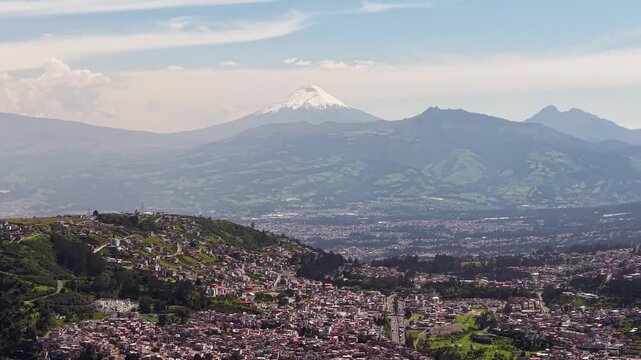 Aerial View of Cotopaxi Volcano and Quito City on a Sunny Day, Ecuador