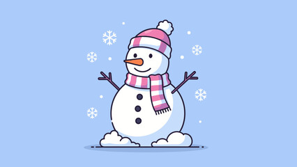 A cheerful cartoon snowman wearing a pink and white striped hat and scarf stands on a snowy ground with falling snowflakes against a light blue background on Christmas Day.
