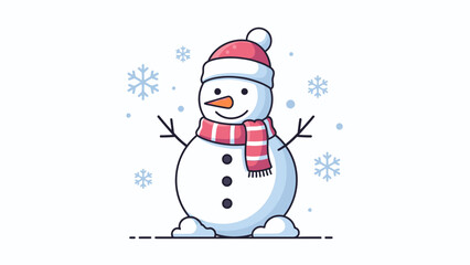A cheerful snowman wearing a red and white striped scarf and hat stands against a white background with blue snowflakes, conveying a joyful and festive Christmas Day mood.