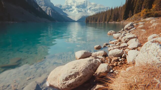 Shifting camera revealing shoreline strewn with boulders at alpine lake, with dense conifer forest