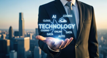 Businessman presents technology concept on hand, showcasing artificial intelligence, cloud computing and digital innovation over city background