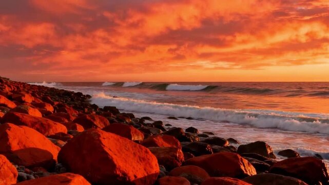This static side-angle setup locks onto the coastal scene, focusing on the endless ebb and flow of ocean waves as they surge and crash against rugged reefs, sending sprays of seawater into the air. Si
