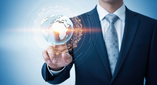 Businessman Touching Digital Globe Interface: Global Business, Technology, Networking and International Connections Concept - Powered by Adobe