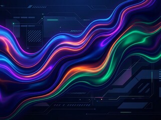Abstract vibrant neon glowing waves of energy flowing across a futuristic digital circuit board background