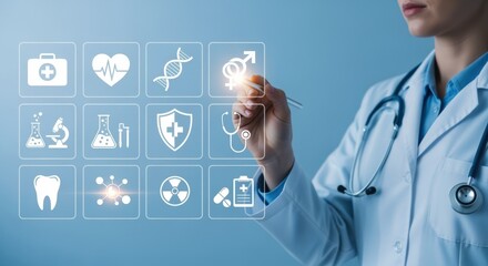 Doctor interacting with a digital medical interface, innovative healthcare technology concept, modern medicine and diagnostics