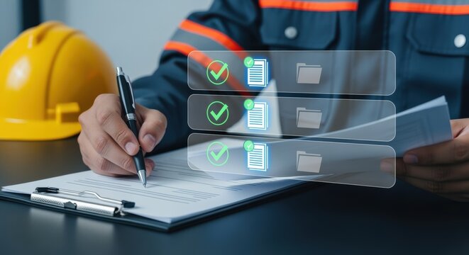 Engineer Reviewing Digital Checklist on Clipboard with Hard Hat, Ensuring Compliance and Quality Control in Construction