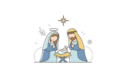 Obraz premium Illustration of Mary and Joseph with baby Jesus in a manger on Christmas Day with a star above them on a white background.