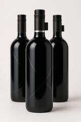 Three sleek black glass wine bottles with silver band detail on white background minimalist composition
