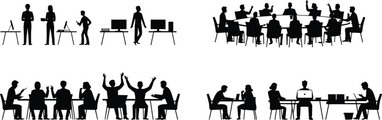 Office, silhouette, teamwork, meeting, workspace, business, , desk, computer, brainstorming, vector, illustration, professional, corporate, laptop, discussion, employe