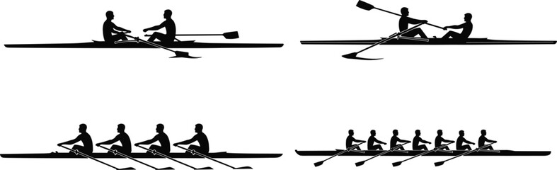 Rowing, team, silhouette, sport, boat, oar, scull, sweep, vector, illustration, water, motion, athlete, crew, exercise, competition, paddle, synchronized, racing, discipline © Mst