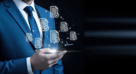 Businessman holding smartphone with digital documents, symbolizing efficient workflow and paperless office solutions for modern business.