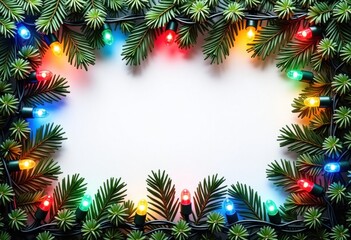 White rectangular frame with Christmas fir branches decorated with garland of colorful festive LED lights, Christmas or New Year background, template for greeting or gift card with space for text