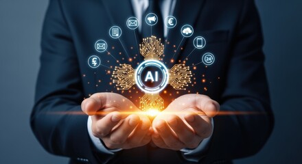 Artificial Intelligence Innovation: Businessman Presenting Futuristic AI Technology with Glowing Interface and Data Connectivity