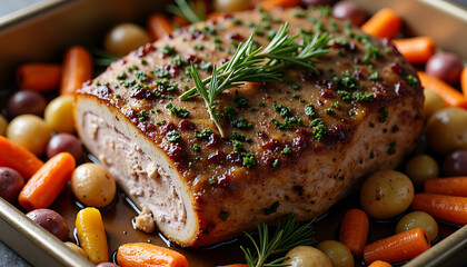 Roasted Pork Loin With Vegetables in Baking Tray