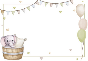 Cute toys in a basket. Watercolor frame, banner, backdrop for birthday, gender party, baby shower, children's party.  Horizontal card, poster, invitation. Scandinavian style, boho, retro.
