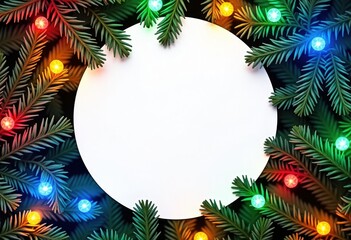 White round frame with Christmas fir branches decorated with garland of colorful festive LED lights, Christmas or New Year background, template for greeting or gift card with space for text