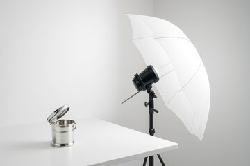 Professional studio photography setup with white umbrella lighting equipment and silver container on white table