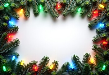 White rectangular frame with Christmas fir branches decorated with garland of colorful festive LED lights, Christmas or New Year background, template for greeting or gift card with space for text