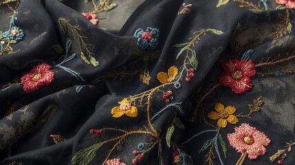 Black silk fabric with floral patterns