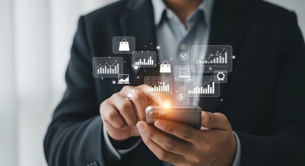 Businessman Analyzing Financial Data and Market Trends on Smartphone for Strategic Investment Decisions and Growth