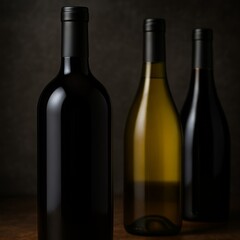 Dramatic moody composition of three elegant wine bottles in atmospheric dark lighting with selective focus
