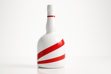 Modern white frosted liquor bottle with bold red diagonal stripes in minimalist studio setting