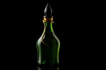 Elegant green glass bottle with ornate gold rings and black decorative stopper on dark background