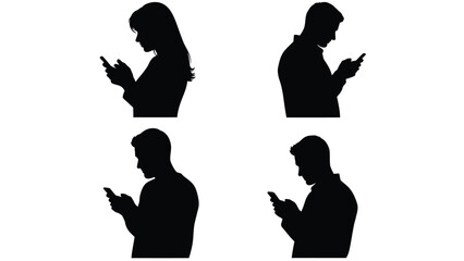 Silhouettes of four people, two women and two men, looking down at and using their mobile phones or smartphones