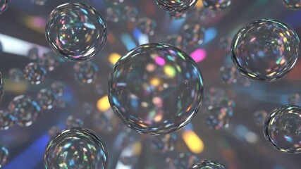 A mesmerizing abstract background featuring numerous transparent glass spheres reflecting vibrant colorful light streaks and bokeh effects creating a dynamic and futuristic visual representation of t. - Powered by Adobe