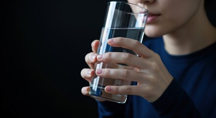 Woman Drinking Refreshing Glass of Water for Hydration and Wellness Against a Dark Background