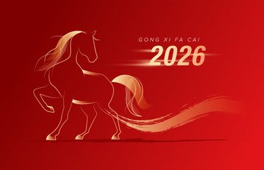 Chinese new year 2026, year of horse. Line art horse illustration. Lunar new year concept template vector design. 