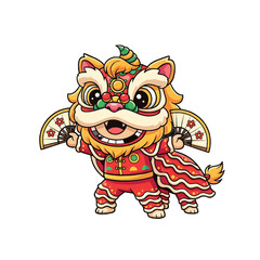 A lion dance in traditional costume holding fan isolated on a transparent background