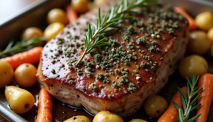 Roasted Pork Loin With Vegetables in Baking Tray
