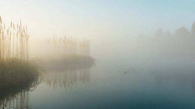 Sunrise warming marsh fog at shoreline, ducks paddling through reeds creating ripples, copy space