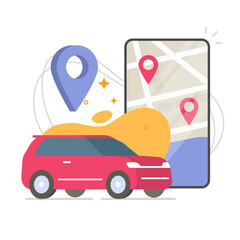 Car auto sharing location track icon concept, road city map with vehicle rental route pin pointers on mobile cell phone app modern vector graphic illustration design, taxi gps navigation service
