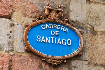 Camino de Santiago signs  in street of Bilbao city for Camino del Norte pilgrims to Compostela , spanish route , Europe