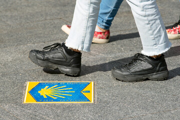 Camino de Santiago signs  in street of Bilbao city for Camino del Norte pilgrims to Compostela , spanish route , Europe