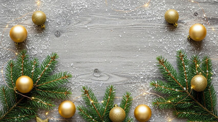 Holiday background with fir branches, golden baubles, and sparkling snow on rustic wood, perfect for winter promotions and festive designs
