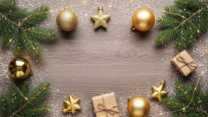 Elegant Christmas Frame with Golden Ornaments, Fir Branches, and Gift Boxes on Rustic Wooden Background for Festive Holiday Greetings