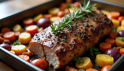 Roasted Pork Loin With Vegetables in Baking Tray