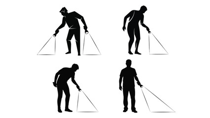 Naklejka premium Four silhouettes of people using a metal detector for treasure hunting or security screening