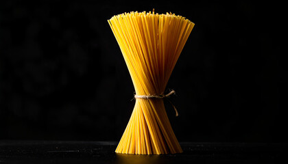 spaghetti strand isolated on black background, dramatic lighting, minimal food detail