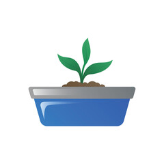 Young Plant Seedling in Blue Pot Flat Vector Illustration
